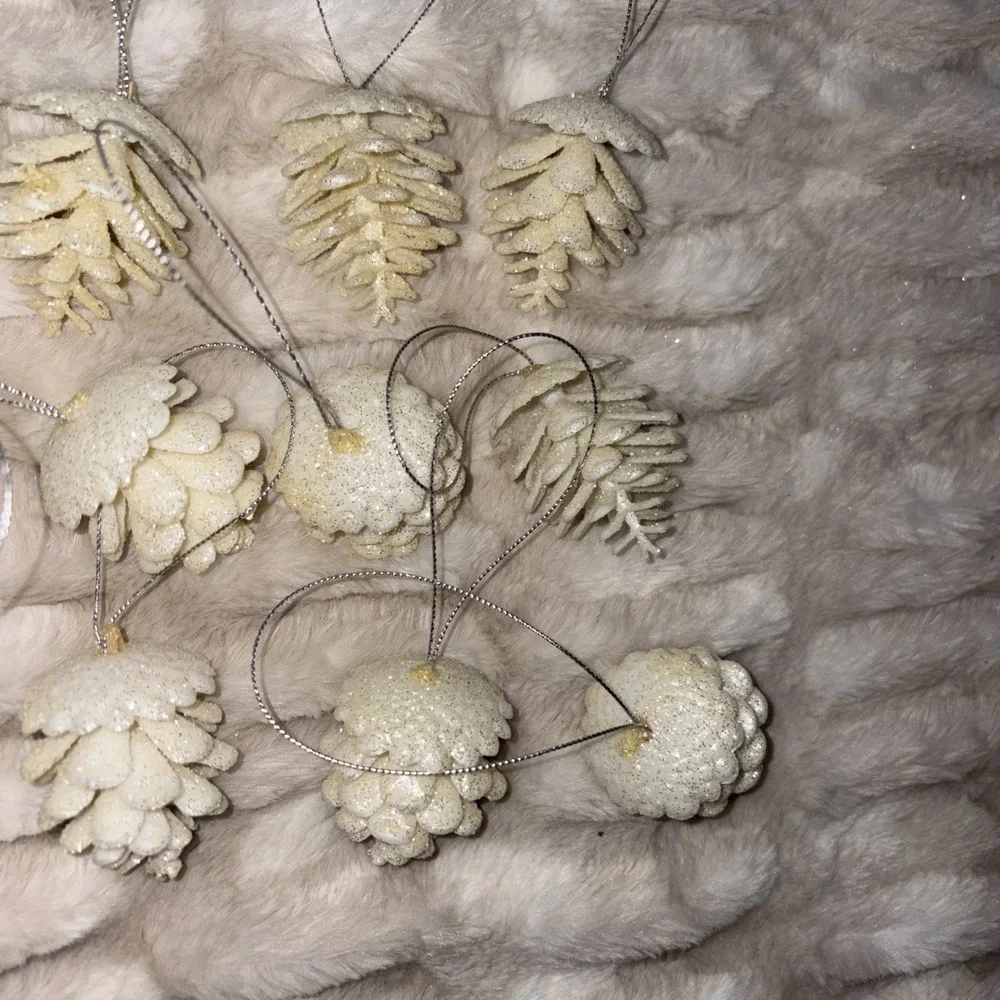 Set Of 12 White Glitter Pinecone Ornaments Glam Decor Holiday